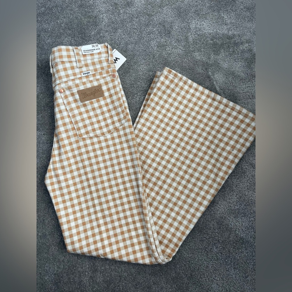 Wrangler Honey Yellow Gingham Wanderer High Rise Flare Jean 622 Size 26